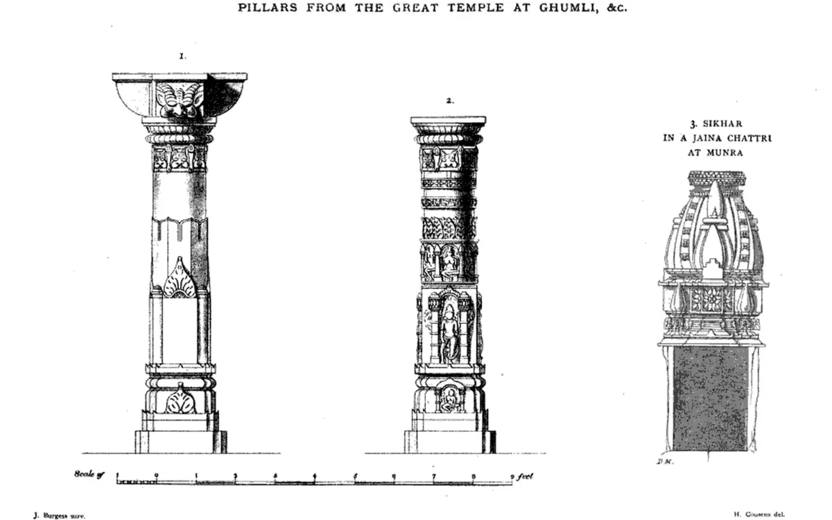 Pillars from Surya Hindu temple Ghumli Gujarat India, Sikhara tower in a Jaina monument, Mara Gurjara style